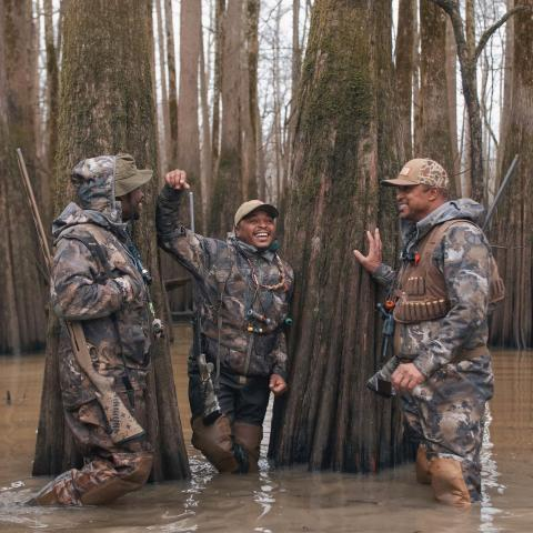 The 24/7 Hunt crew joins the presentation panel of the Duck Hunters Stage at the Duck Hunters Expo in Little Rock, AR.